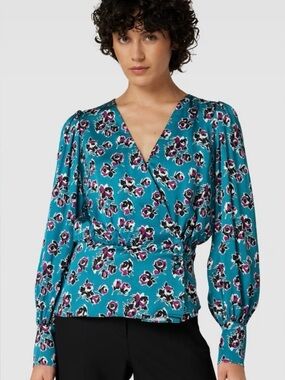 The Kooples Teal Floral Wrap Blouse with Burgundy Accents